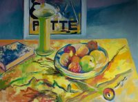 Stilleven met fruit en poster